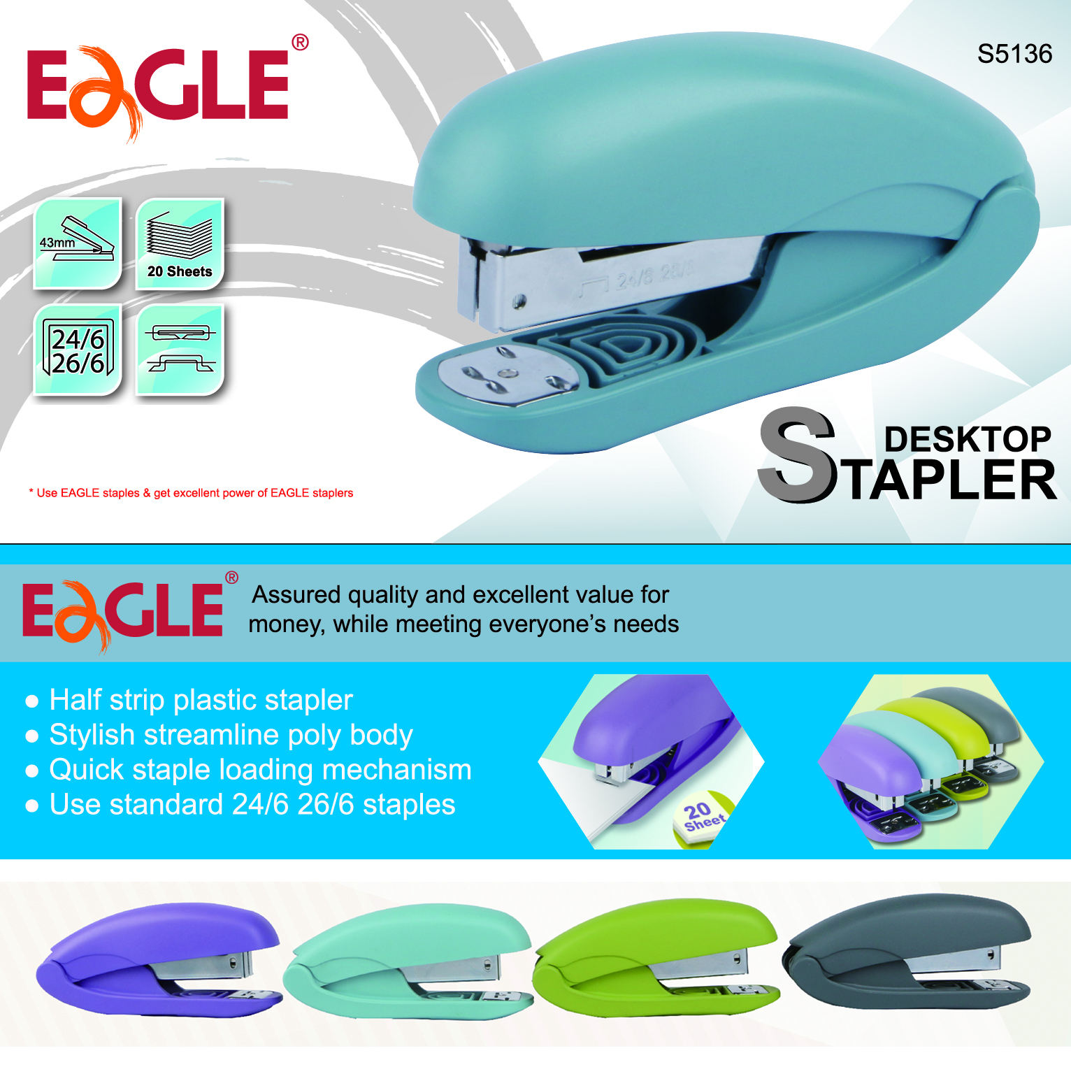 Eagle S5136 Effort Saving 24/6 26/6 Stapler Stationery Office Supply Desktop Plastic Stapler