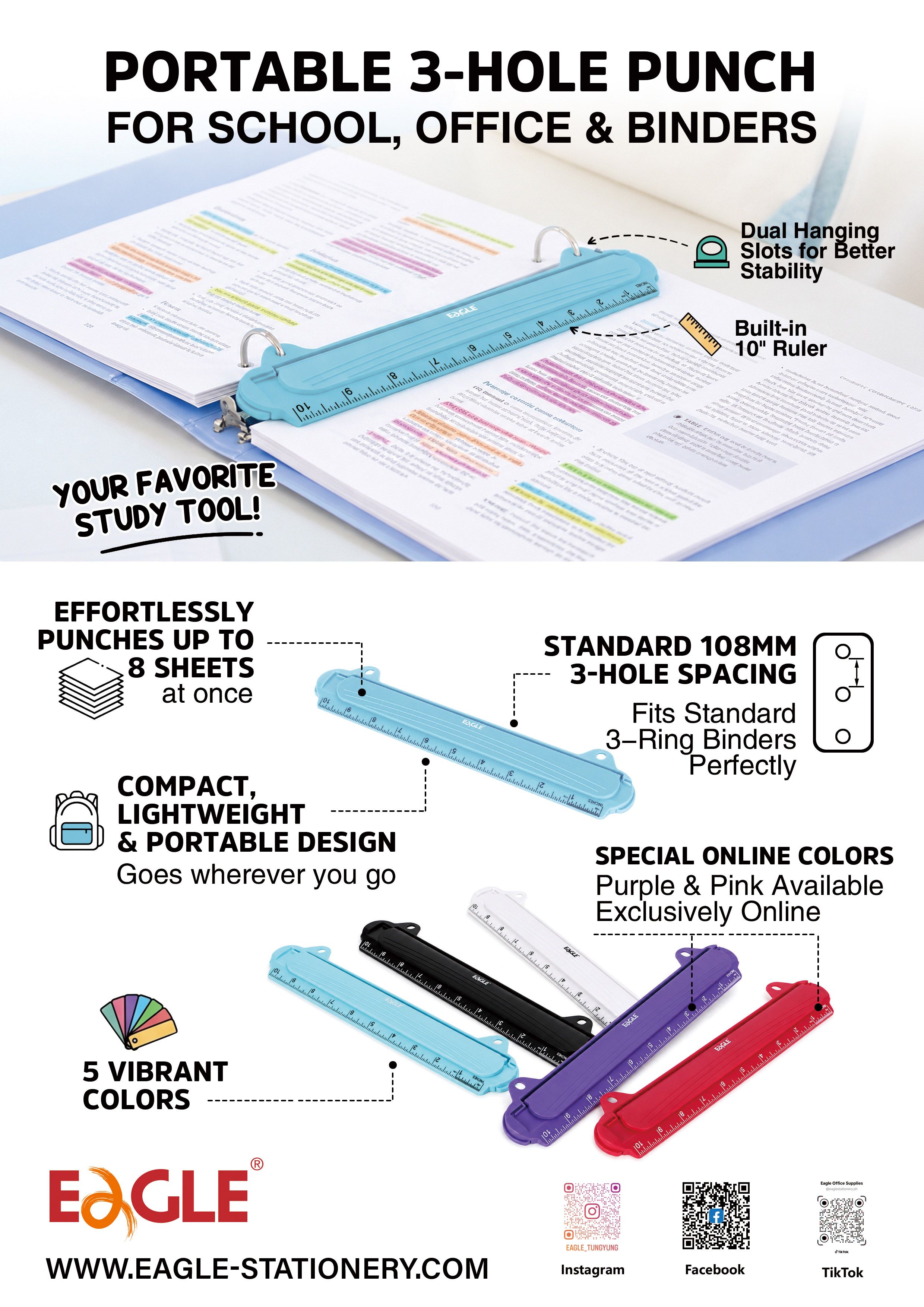Eagle TY241 Portable Ring Binder 3 Hole Paper Punch, 8 Sheets Capacity Ring Binders with Integrated Ruler