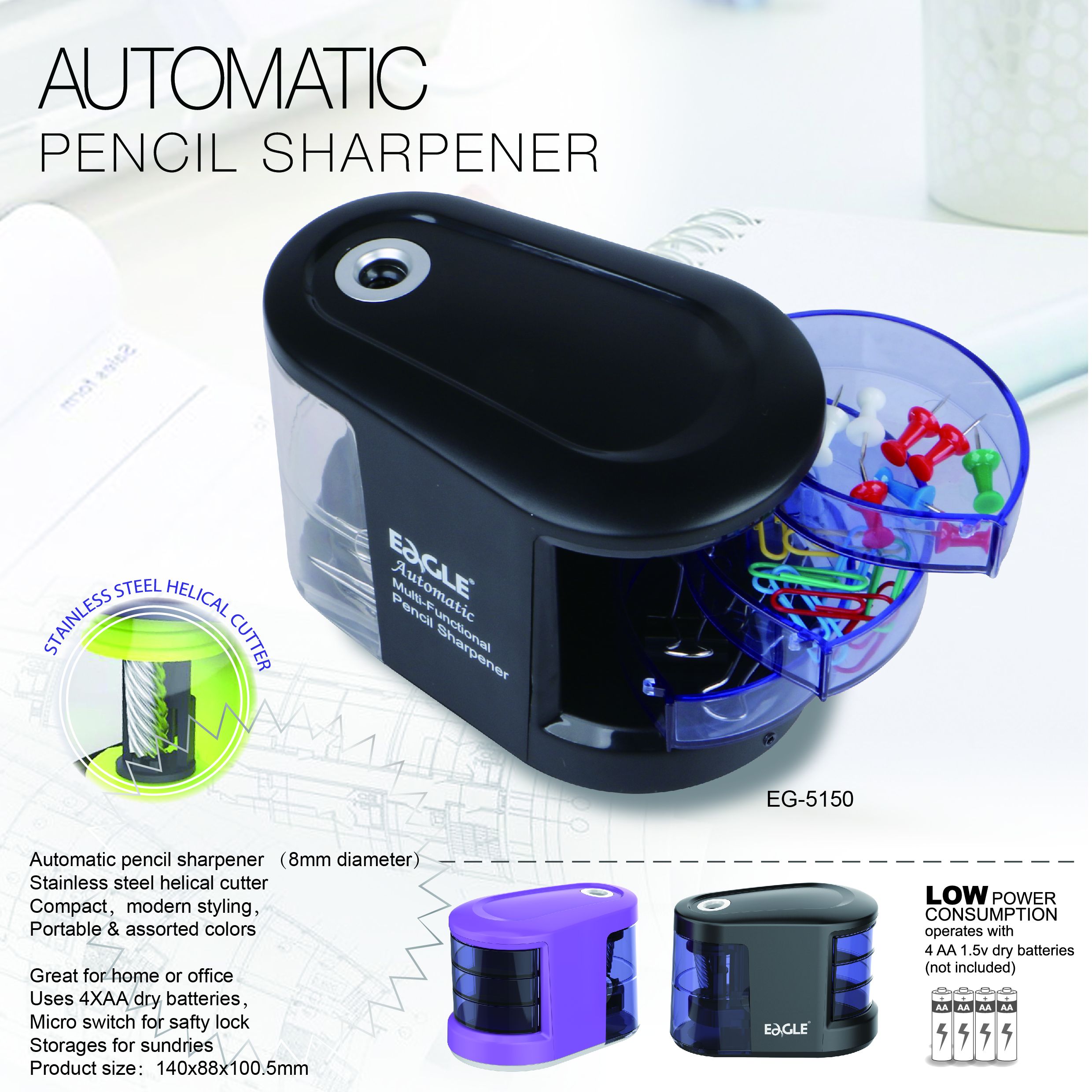 Taille-crayon électrique multifonction EAGLE EG-5150 Taille-crayon à coupe hélicoïdale avec stockage USB et taille-crayon à batterie